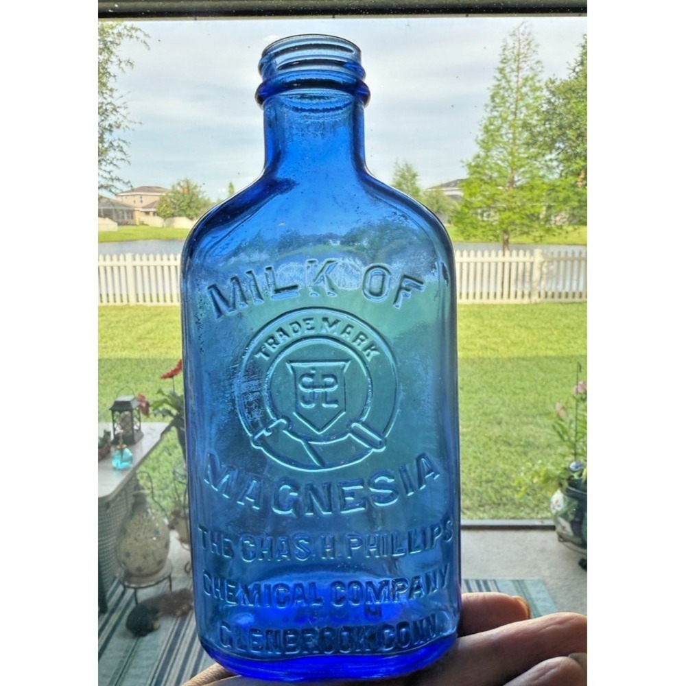Antique Cobalt Blue Milk of Magnesia Bottle Chas H Phillips Glenbrook Conn